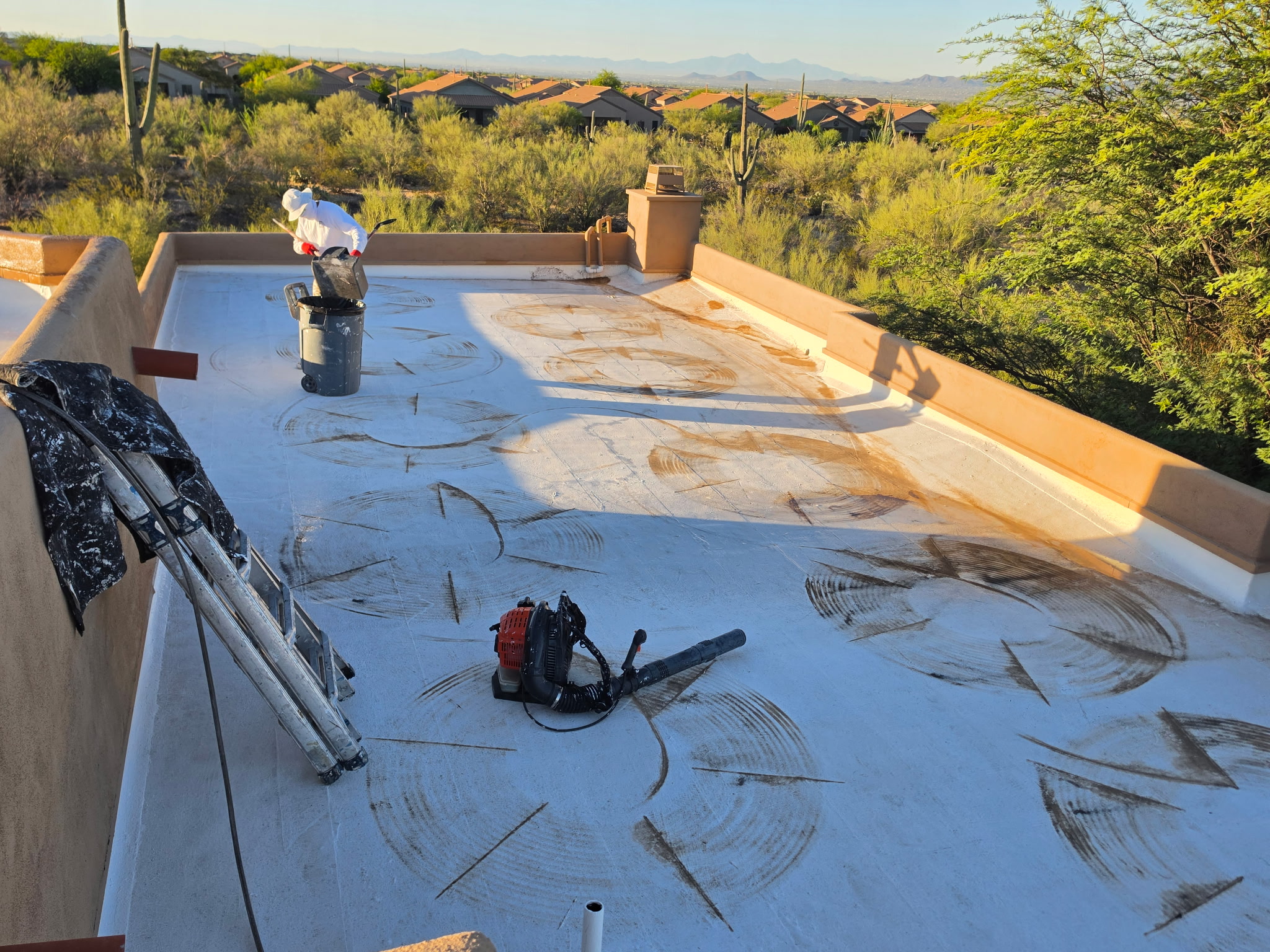 Roof surface exposed after pool-heating coils were removed for roof work